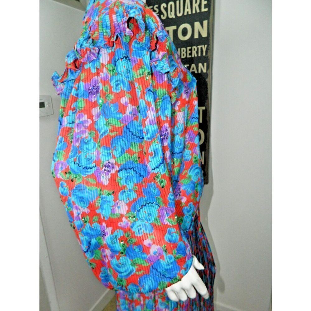Vintage Diane Freis Skirt Set L/XL Blue  Purple Red Floral‎ Pleated Sequins 80's - Picture 9 of 13